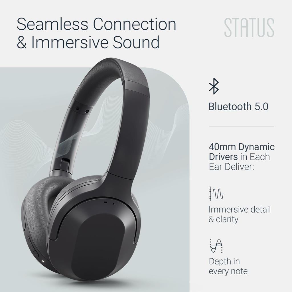 STATUS Core ANC Audio Wireless Bluetooth Active Noise 30dB Noise Black Headphones, Over-Ear, 5.0, iOS/Android Compatible, Cancellation, Reduction,