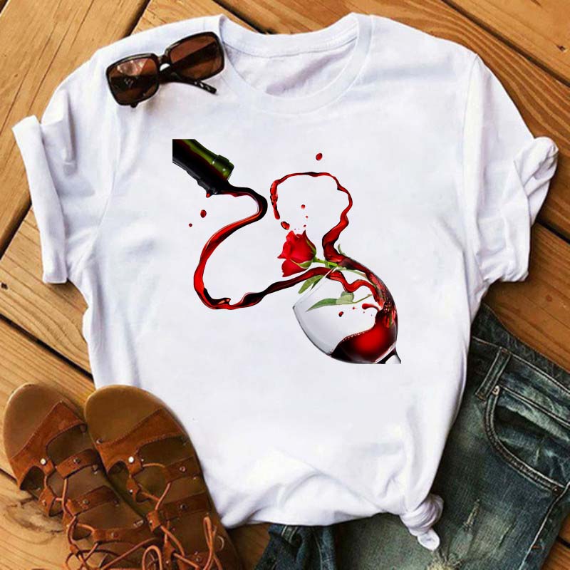 New Women T-Shirt Casual Short Sleeve T Shirt Women's Fashion Rose Red Wine Glass Printed Black T-Shirt Female Tops Tees