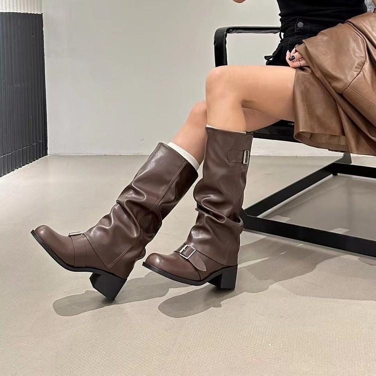 Black British thick heel platform boots knight boots women's 2025 new autumn small heightening trouser boots