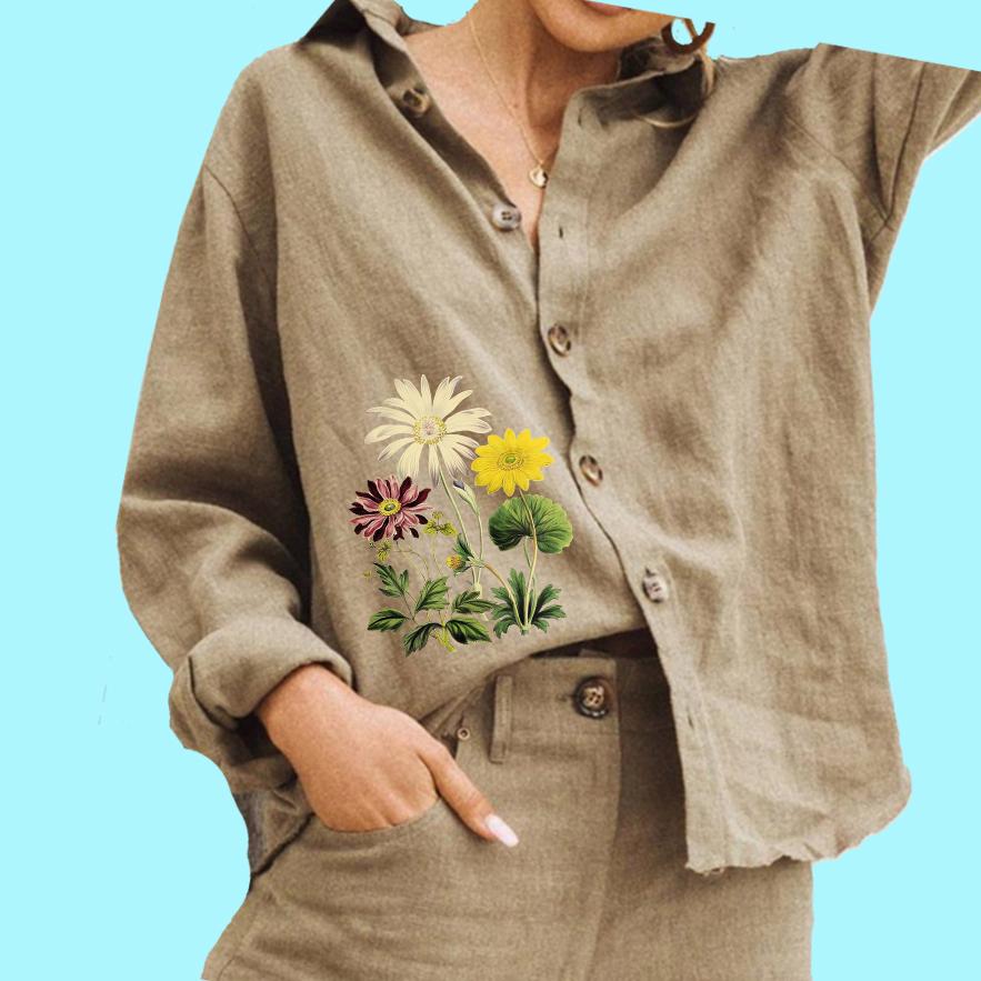 

Женская модная блузка с цветочным принтом, женская хлопковая льняная рубашка с длинным рукавом и застежкой на пуговицы M хаки
