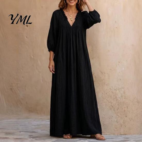 Long Sleeve Dresses Bohemian Ruffle V-Neck Dress, 3/4 Sleeves Maxi Dress for Loose Fit Women, Solid Color Casual Spring Fall Wear