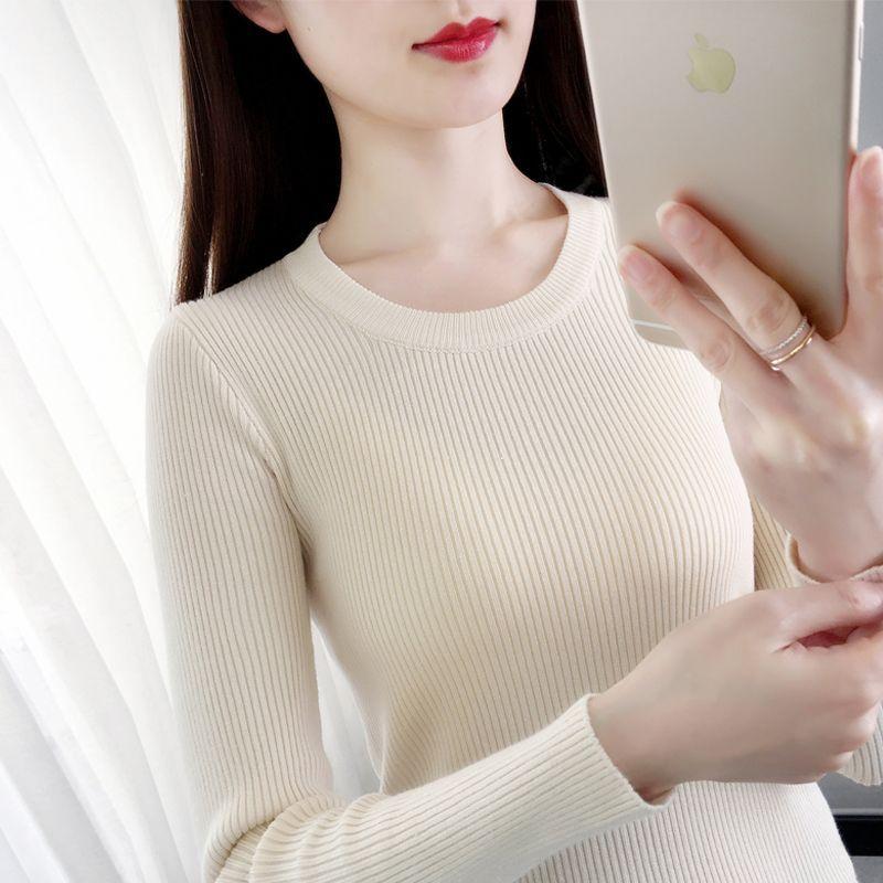 Women's Long Sleeve Knit Top Crew Neck Elegant Sweater Slim Fit Solid Color Undershirt