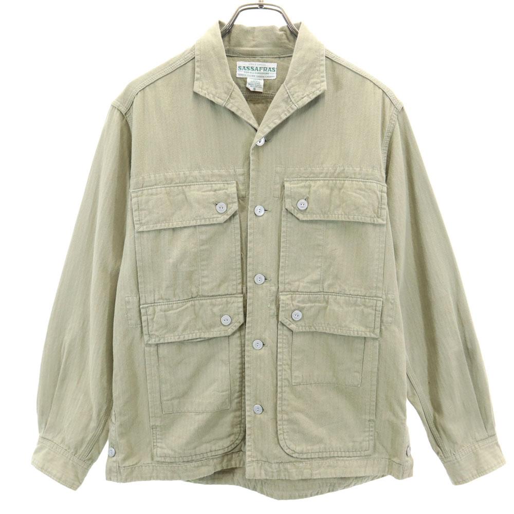 SASAFRAS Made In Japan Long Sleeve Work Shirt S Khaki Beige Herringbone Men's Used