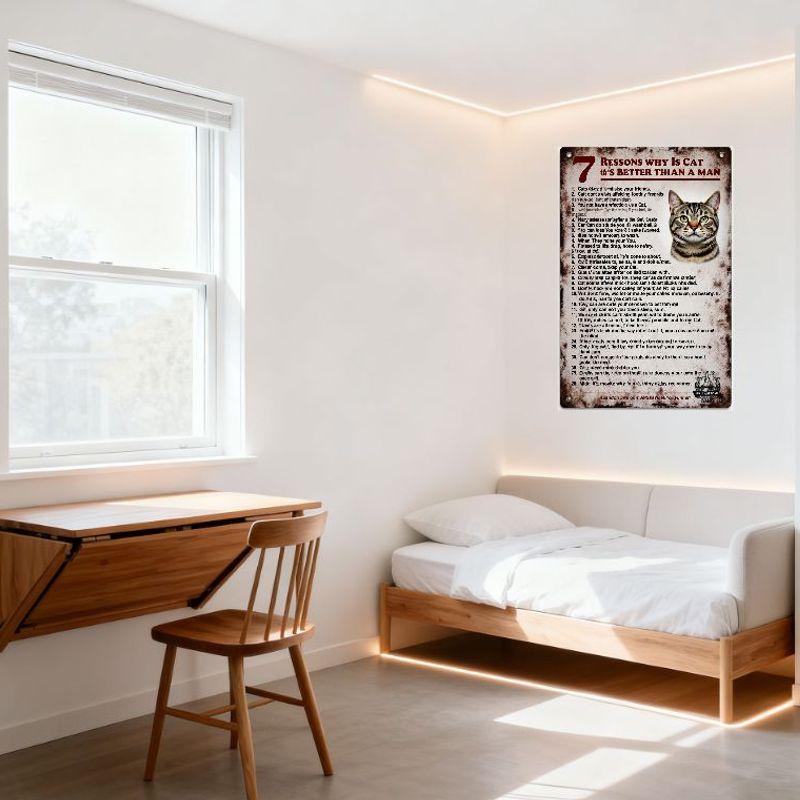 Vintage Humorous '7 Reasons Why a Cat Is Better Than a Man' Metal Tin Sign with Rusty Finish, Tabby Cat Illustration - Home Bar