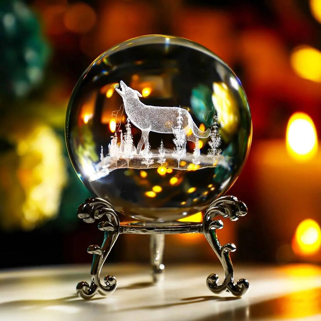 60mm 3D Crystal Ball Laser Engraved Glass Ornaments Animal Figurine Collectibles Paperweight Home Art Decor with Stand