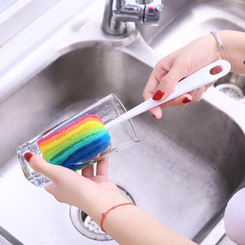 Rainbow Sponge Baby Bottle Pacifier Brush Wash Water Cup Container Sponge Cleaning Brush Scrubber with Handle Cleaning Utensils