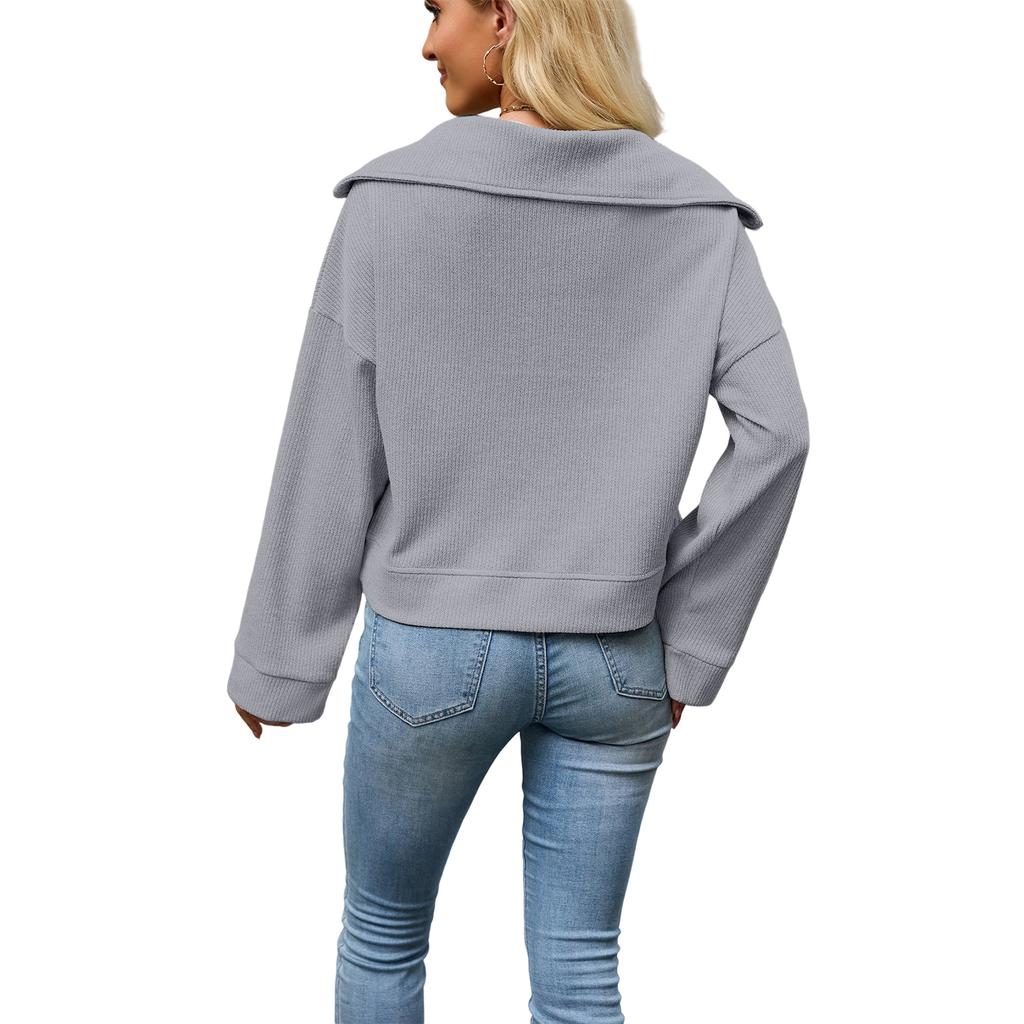 Women's Color Long Sleeve Zip-Up Sweatshirt with Collar for Casual Daily Wear