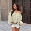 Womens Off Shoulder Long Sleeve Top Lantern Tie Waist Loose Fit 2025 Street Style Sexy Solid Color