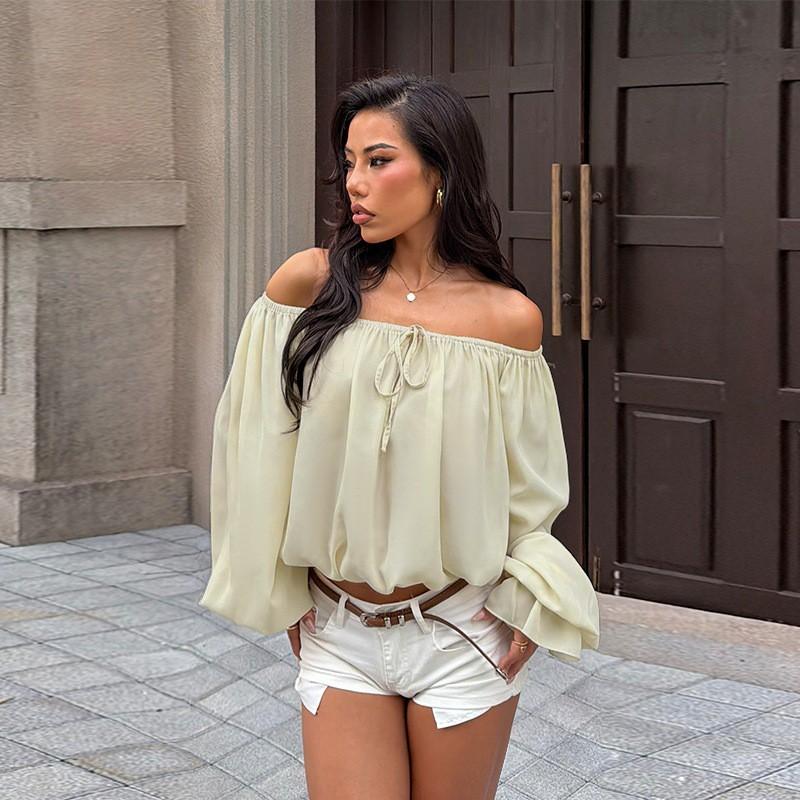Womens Off Shoulder Long Sleeve Top Lantern Tie Waist Loose Fit 2025 Street Style Sexy Solid Color