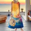 Rochie Maxi Fără Mâneci, Gât Rotund, Mărime Mare, cu Imprimeu Pictură Abstractă Valuri Oceanice Multicolor, Croială Largă, Rochie Lungă de Vacanță