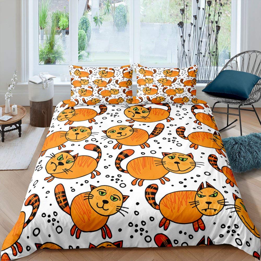 Cartoon Cat Duvet Cover for Kids Black Grey Girls Boys Cats Drawing Pattern On White with Fish Print for Child Room Decoration