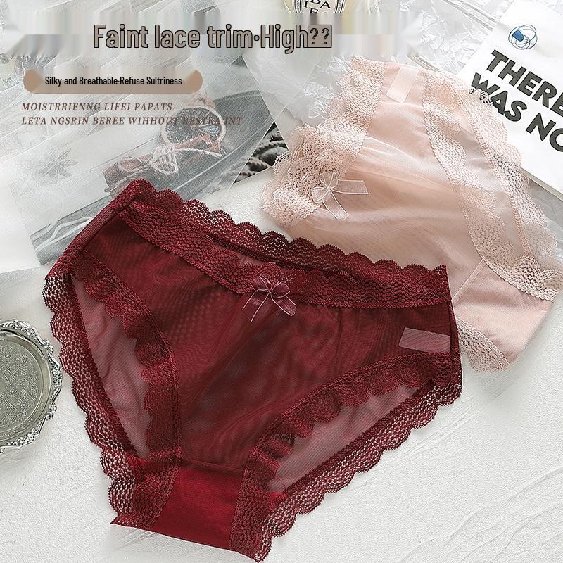 Lace Edge Women's Seamless Sexy Mesh Panties with Bowknot