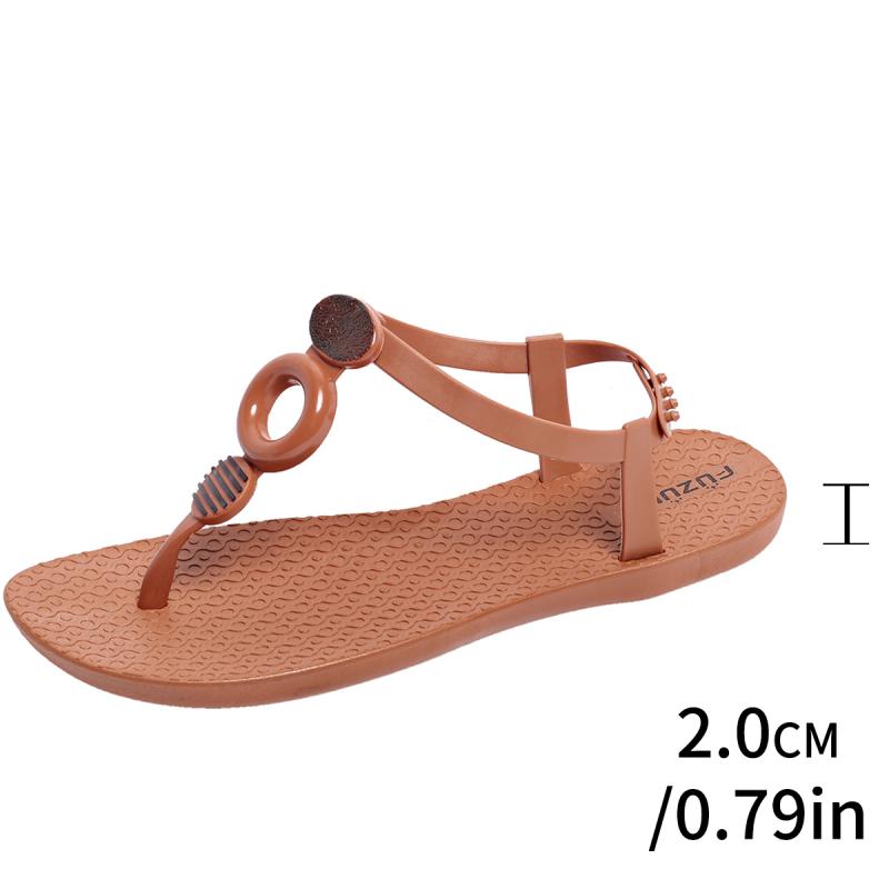 Fashion Bohemia Button Decoration T Shape Sandals Women Summer Round Toe Low Heel Flip Flops Casual Ankle Strap Beach Waterproof Sandals