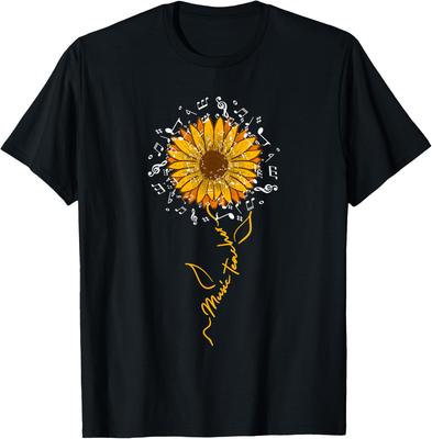 Sonnenblumen Musiklehrer T-Shirt Mit Noten Grafik T-Shirt Lässig Baumwolle Rundhals Musikliebhaber Geschenk