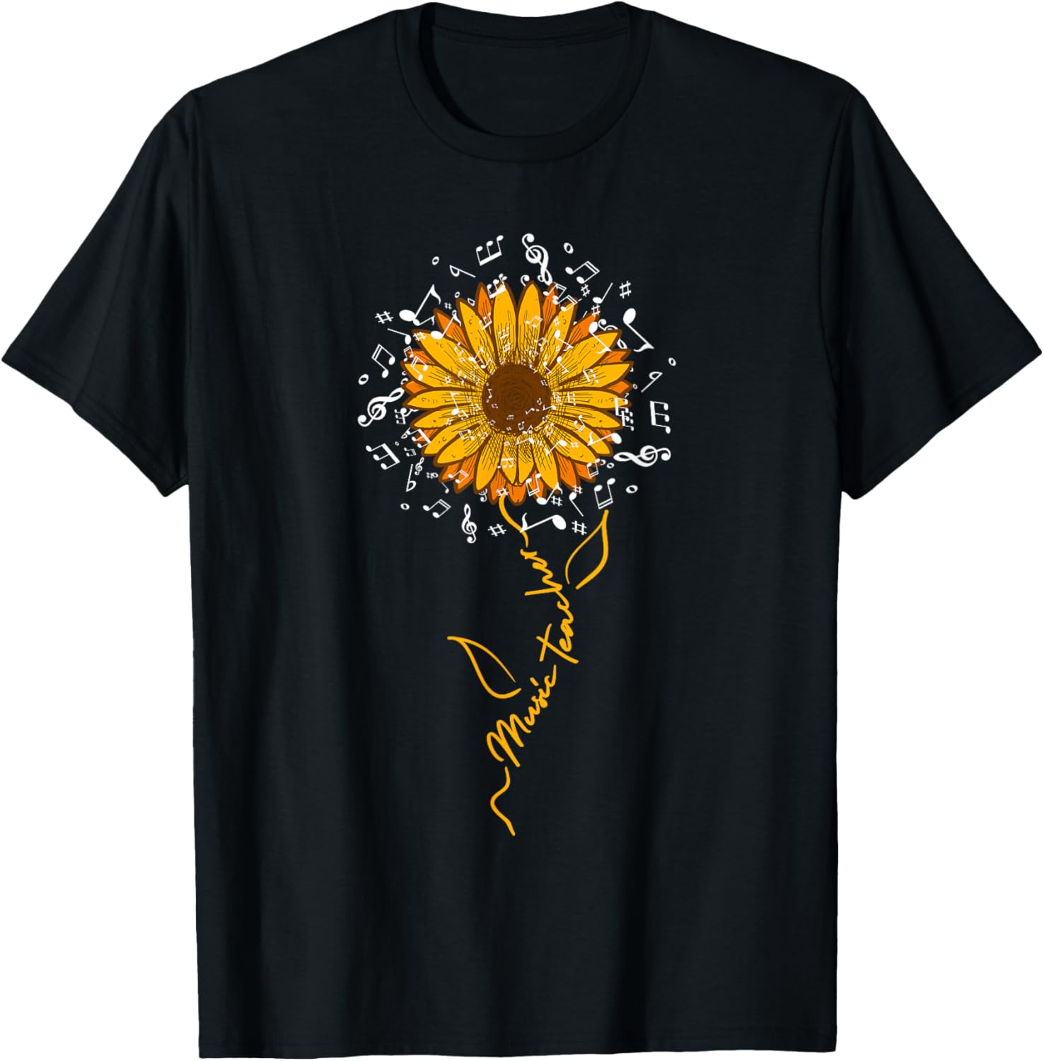 

Sunflower Music Teacher T-Shirt With Notes Graphic Tee Casual Cotton Crewneck Music Lover Gift 4XL