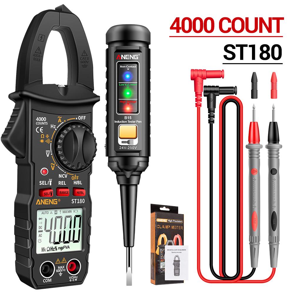 2026 Professional ANENG ST180 Digital Clamp Ammeter Multimeter with Free B15 Voltage Tester Pen 4000 Count NCV Flashlight Electric Maintenance Tools