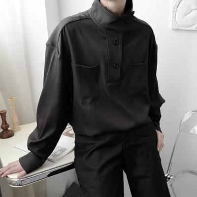 Women Shirt Half-High Collar Buttons Half Closure Long Sleeve Shirt with Pockets Solid