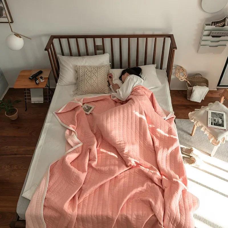 Coperta estiva a righe in 100% cotone per letto, morbida trapunta per letto matrimoniale adatta alla pelle, trapunta sottile traspirante per aria condizionata estiva