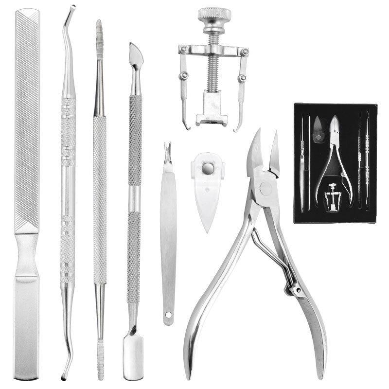 Stainless Steel Nail Care Set: Clipper, File, Cuticle Nipper, Ingrown Corrector, Pliers, Knife