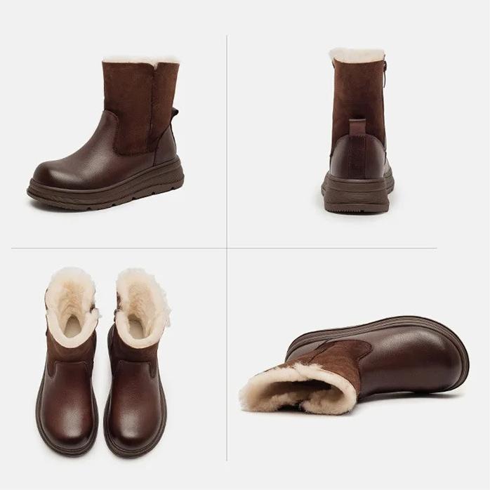 Johnature Retro Wool Warm Short Boots Genuine Leather Round Toe Side Zipper Thick Bottom Women's Shoes