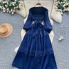 Retro Palace Style Dress for Women In Autumn and Winter A High-end Feel and Straps Waist Cinching Hollow Out Splicing Elegant Long Women Dress