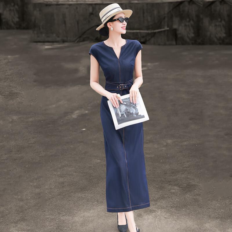 Elegant Sleeveless Slit Waist-Cinching Denim Midi Dress XXL