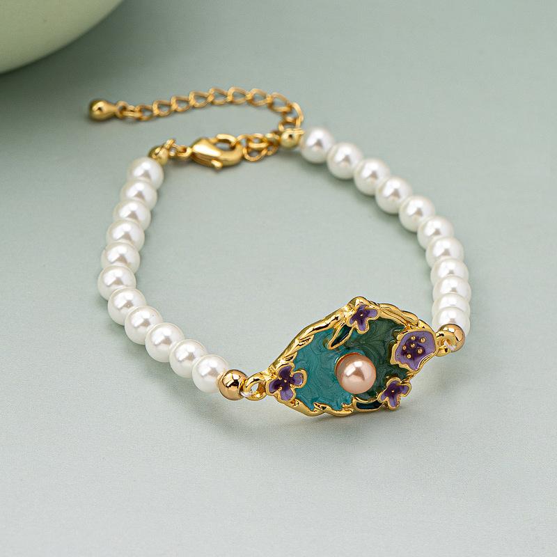 Oil painting pearl oval pendant necklace women's light luxury niche new Chinese style literary retro flower collarbone chain exquisite bracelet