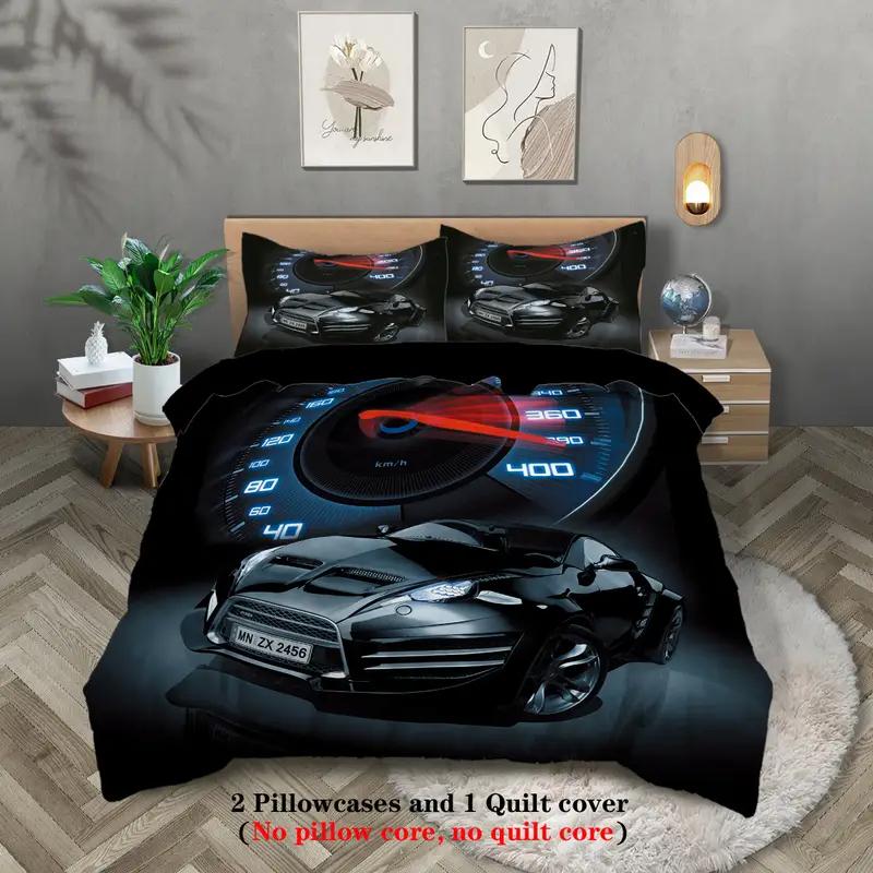 Racing Car Duvet Cover Set - 3D Cartoon Vehicle Print All-Season Bedding Set- 100% Polyester Breathable Fabric, Machine Washable