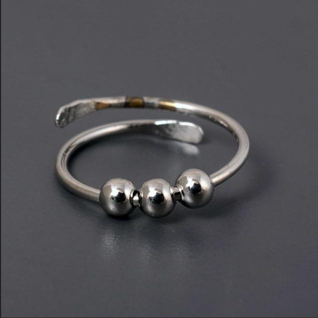 925 Sterling Silver Adjustable Beaded Ring – Handmade Open Band Ring with Three Ball Design, Minimalist Stacking Ring, Unisex Boho Jewelry