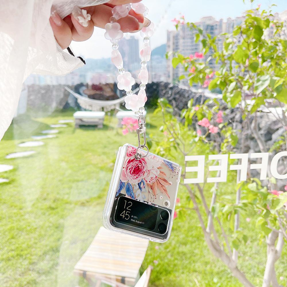 For Samsung Galaxy Z Flip 4 3 Case Beautiful Daisy Flowers Painted With Bracelet Transparent Shockproof Folding Hard Back Cover