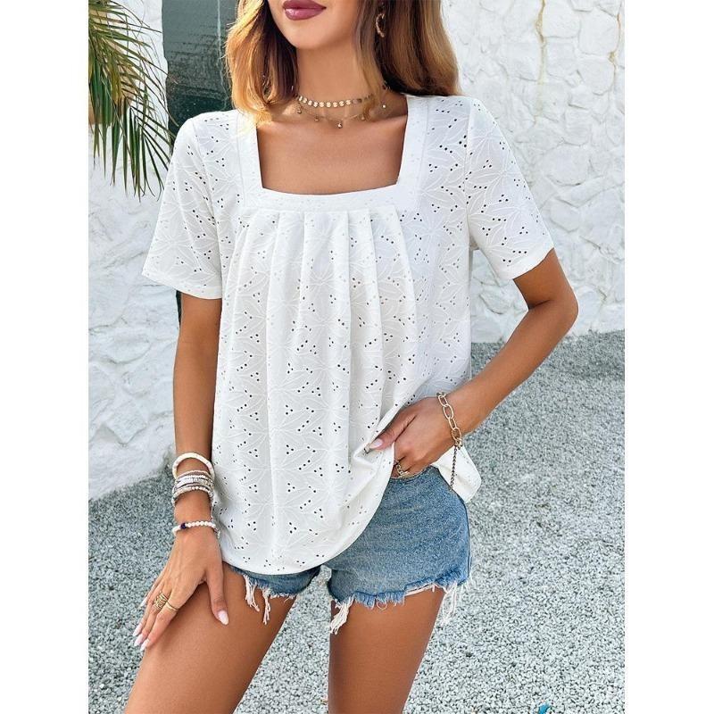 Ladies Temperament Casual Solid Color Square Neck Hollow Short Sleeved T-shirt Top