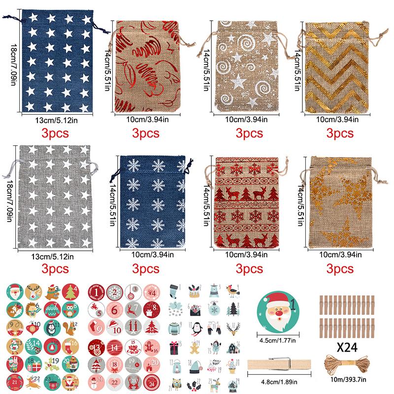 24 Pack Christmas Advent Calendar Bags, 24 Days Hanging Advent Calendars Candy Gift Bags For Adults And Kids