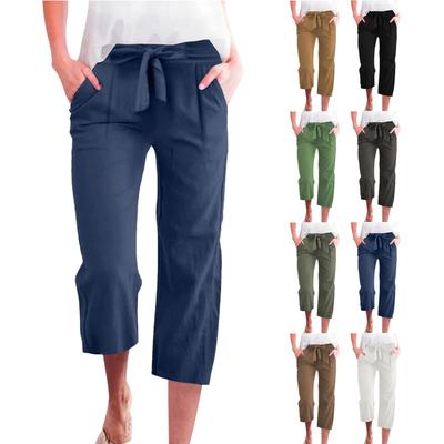 Broeken voor dames Casual zomer effen kleur elastische hoge taille katoen en linnen losse broek trekkoord zak mid leg broek