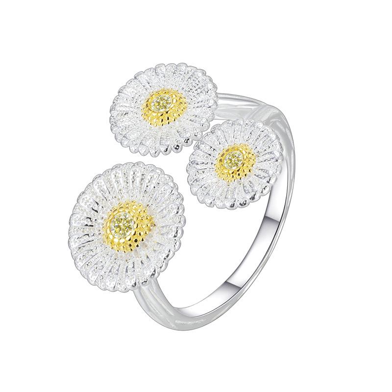 

High-End S925 Sterling Silver Daisy Open Ring with Brushed Retro Finish. Adjustable Open