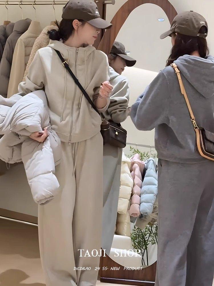 2026 Korean Style Hooded Sweatshirt & Elastic Waist Wide-Leg Pants Set for Women - Spring/Autumn Collection