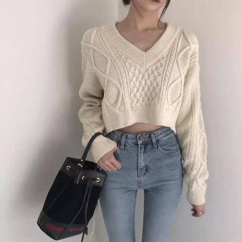 New Arrival Fall and Winter Korean Style Chic Fashionable Retro Hemp Pattern Back Strap Japanese Lazy Style All-Matching Knitted Sweater