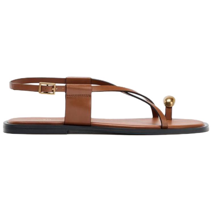 Zara Pu Open-Back Fashion Metal Decor Flat Sandals Women Sandals Brown 1641510105