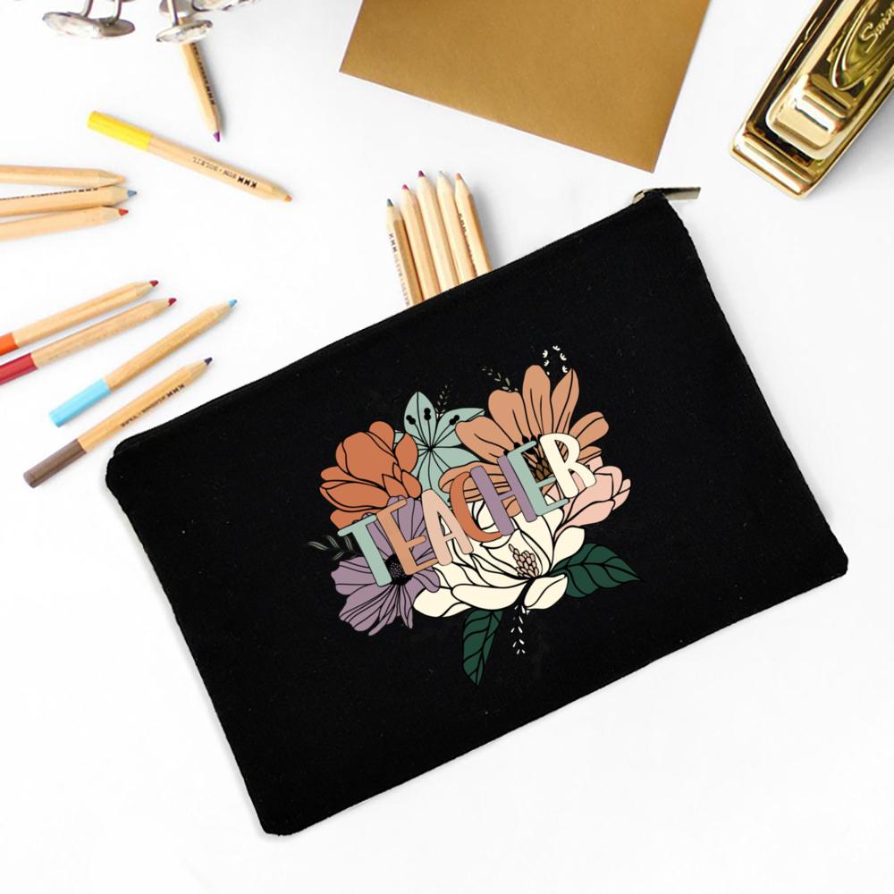 Teacher Flower Print Pencil Case Travel Makeup Bag School Stationery Supplies Storage Bags Wash Pouch Cosmetic Bags Teacher Gift