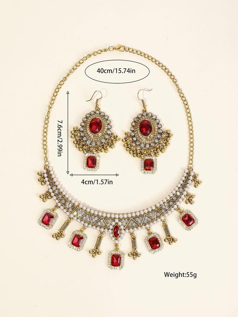 Retro Indian-Style Rhinestone Necklace & Earring Set with Tassel Clavicle Chain