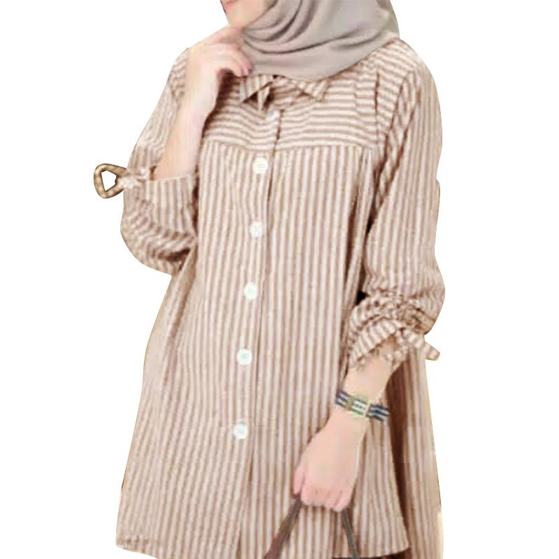 

ZANZEA Женская повседневная свободная полосатая блузка с отложным воротником и длинными рукавами коричневый