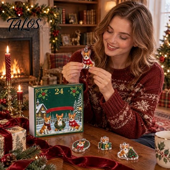 Charming Holiday Crafts Christmas Corgi Advent Calendar with 24 2D Flat Acrylic Dog Ornaments, Countdown Box Decorative Gift Cute Puppy Hanging