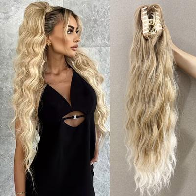 Synthetischer Wasserwelle Krallenclip Pferdeschwanz Schwarz Blond Hitzebeständige Faser Flauschiger Unordentlicher Pferdeschwanz Haarverlängerungen Für Frauen