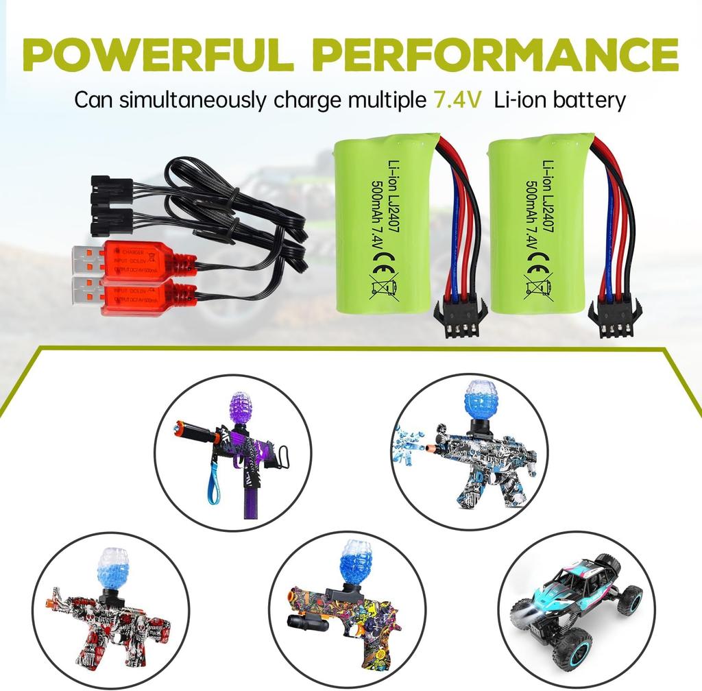 2x High-Speed Lithium Batteries 7.4V 500mAh – Compatible with EC16 DE85 for RC Boat, Ship Model, Car – with USB Charger