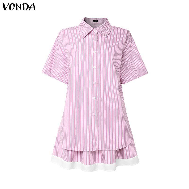 VONDA Two Piece Suit Women Short Sleeve Lapel Neck Tops and Pleated Mini Skirts Sets