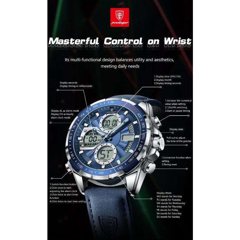 POEDAGAR Men Wristwatch Week Date Digital LED Quartz Fashion Clock Alarm Dual Time Display Electronic Luminous Watches