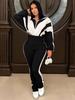 2025 European Style Color Block Sportswear Set: Stylish High-Waisted Long Pants & Casual Patchwork Two-Piece Ensemble.