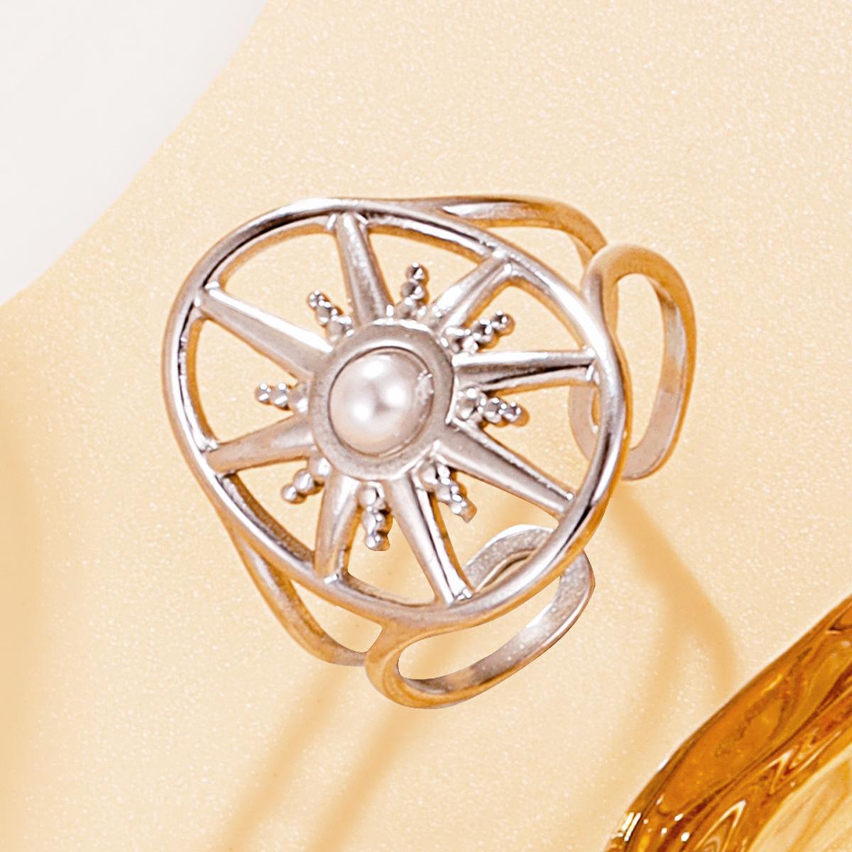 Vintage Eight-Pointed Star Pearl Ring, Adjustable Starlight Design, 18K Gold-Plated
