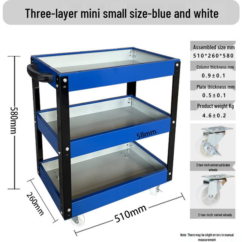 Three-Tier Mobile Tool Cart with Swivel Brake Wheels, Hand-Pushed Auto Repair Storage.