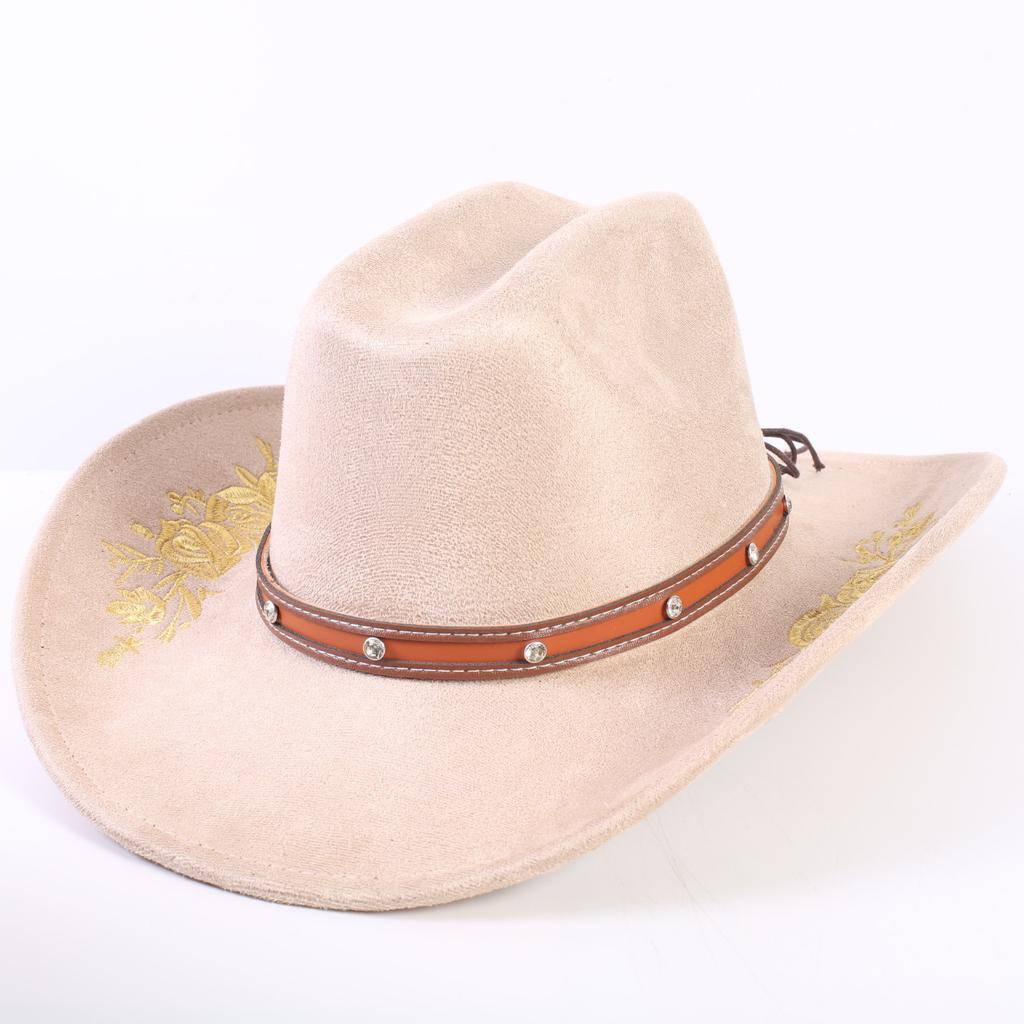 Beliebter europäischer und amerikanischer klassischer Wildleder Western Cowboyhut für Herren und Damen, großer Schirm, bestickt, Outdoor-Sonnenhut