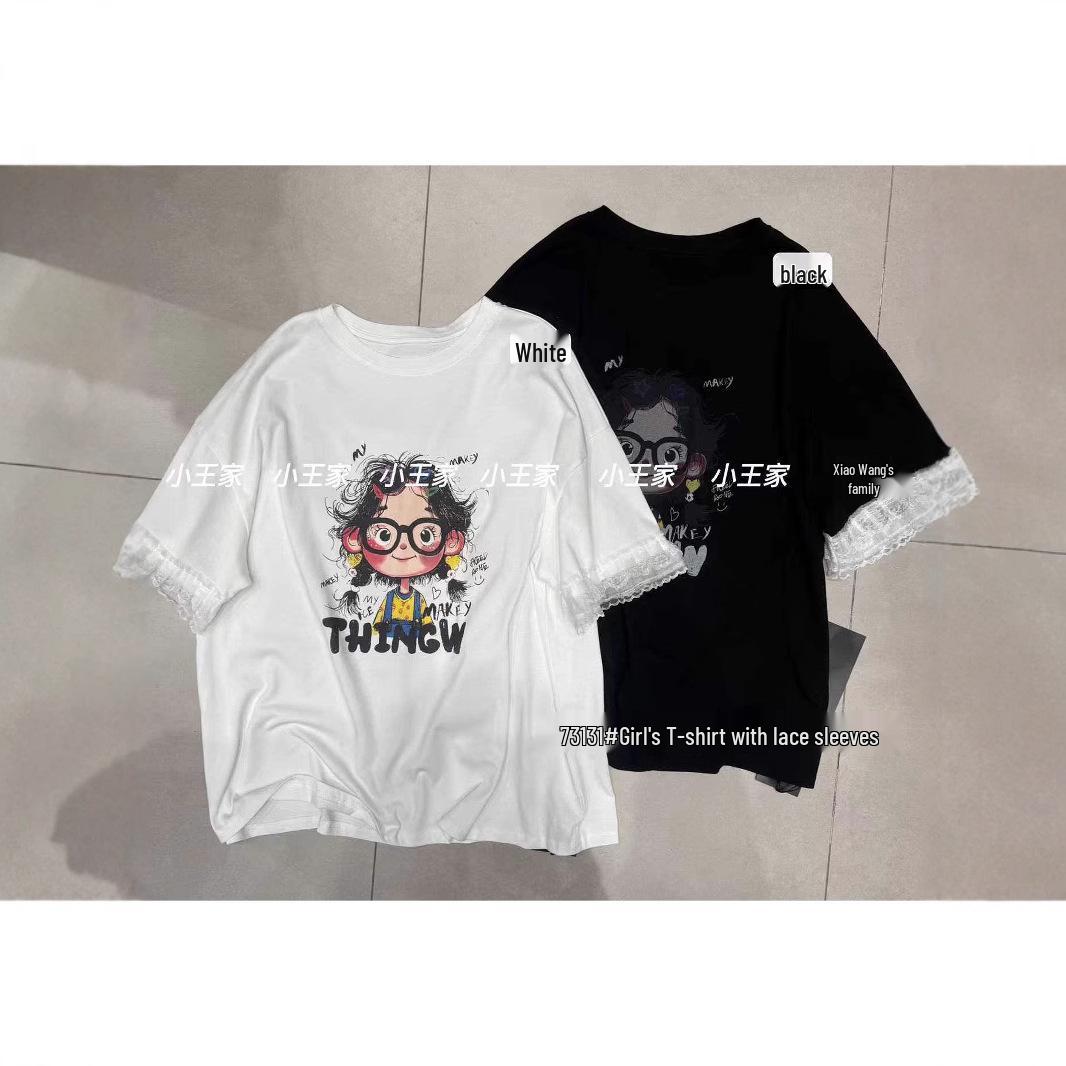 

Xiao Wang s Women s Plus Size Casual Korean Style Lace Trim Short Sleeve T-Shirt One Size чорний